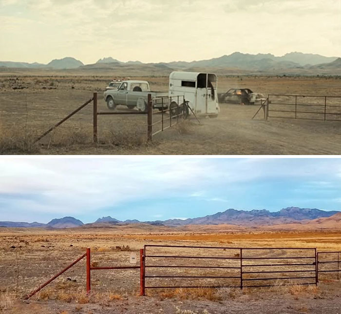 Desert movie location with a gate and mountains, showing real-life changes from classic film and TV scenes.