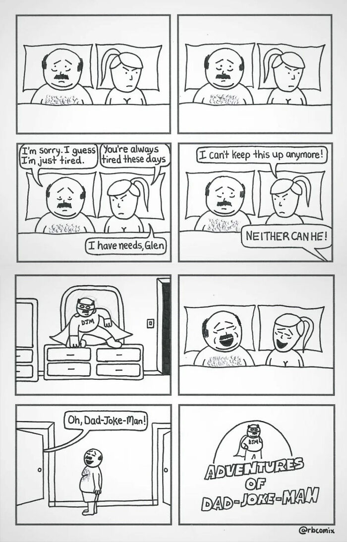 Comic strip by Rustedboot Comics depicting a couple’s conversation with dark humor and the arrival of Dad-Joke-Man.