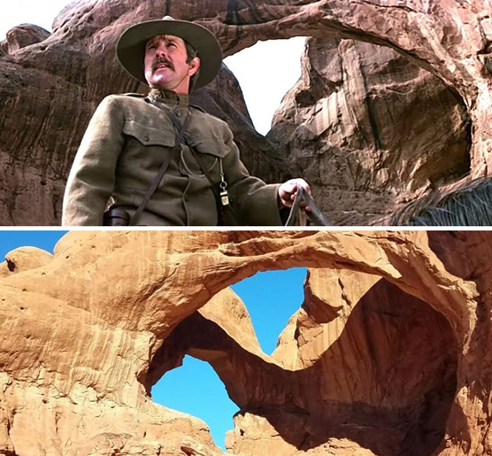 Top image shows a movie scene with a man on horseback near a rock formation; bottom image shows the real rock location now.