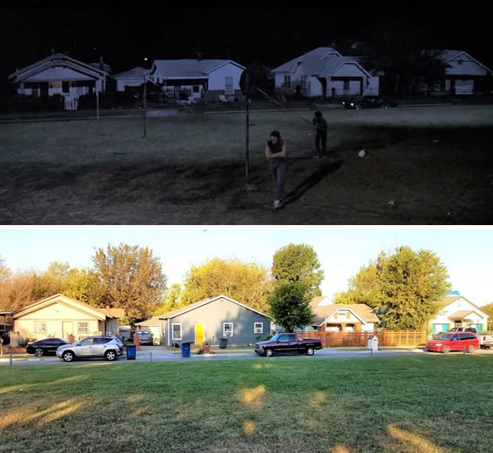 Comparison of real-life locations from movie and TV classics showing then and now views of a suburban neighborhood.