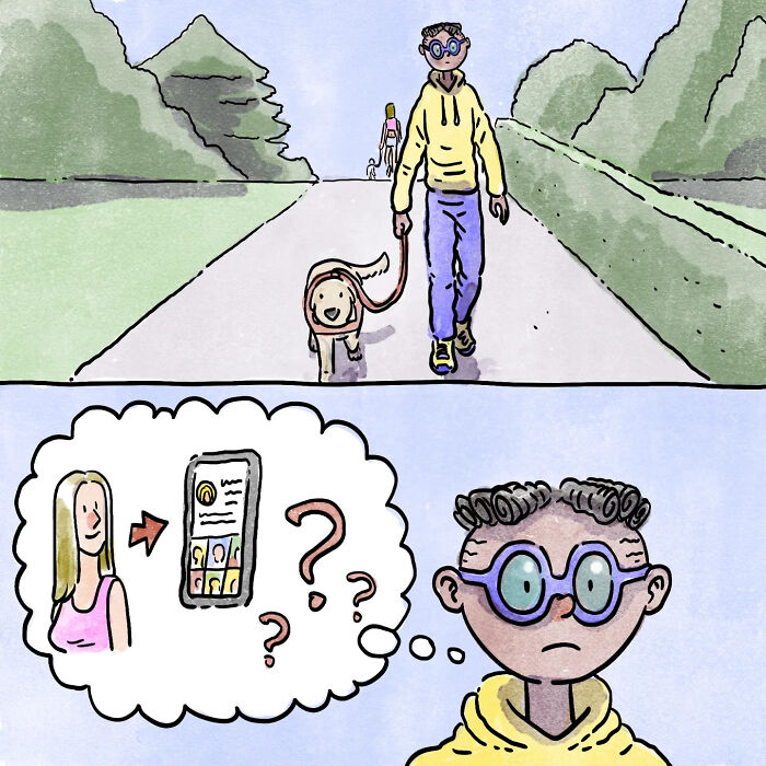 Person walking a dog outdoors, then imagining a woman and social media with question marks in a heartfelt comic style.