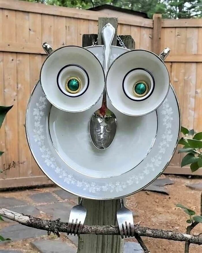 Owl craft made from plates, cups, spoons, and forks in a humorous DIY project for craft shaming.