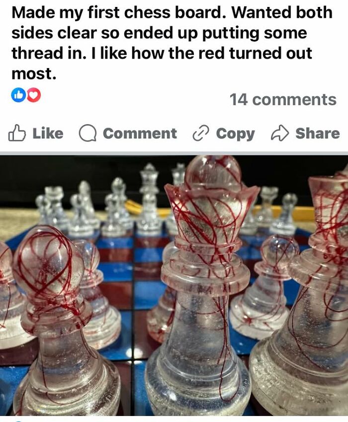 Chess pieces made with clear material and red thread inside, showcasing a unique but questionable craft design.