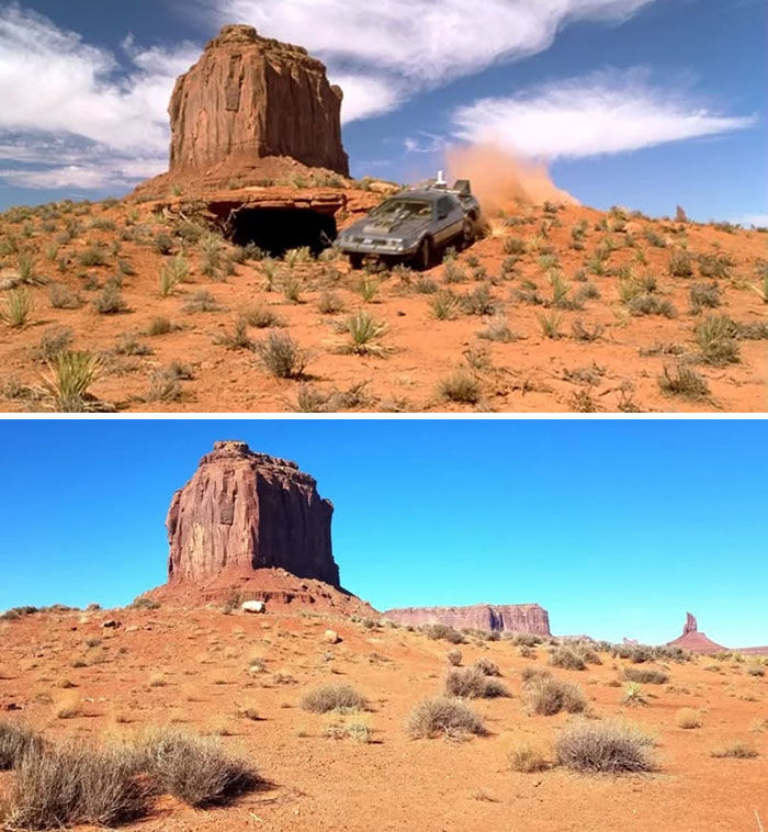 Desert landscape featuring a rock formation from movie and TV classics with a car in the original scene and the location today.