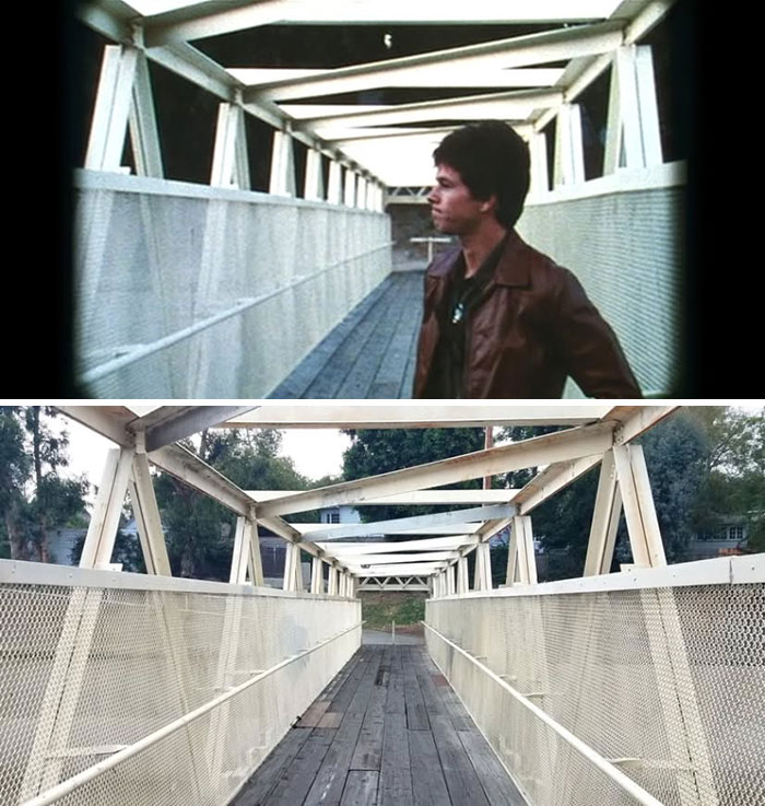 Side-by-side images showing a movie location bridge from a classic film and its real-life condition today.