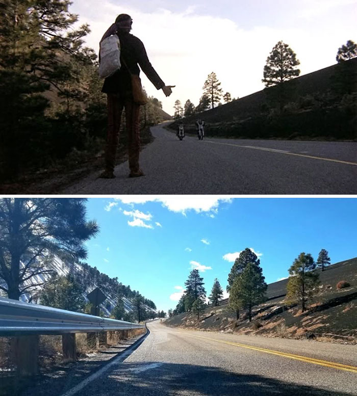 Side-by-side comparison of real-life movie location showing how it looks now with road and surrounding trees.
