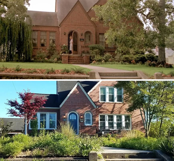 Side-by-side images of a classic movie house location and its current real-life appearance, showcasing changes over time.