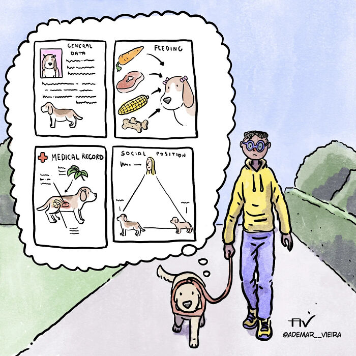 Person walking a dog while imagining dog&rsquo;s general data, feeding, medical record, and social position in a heartfelt comic style