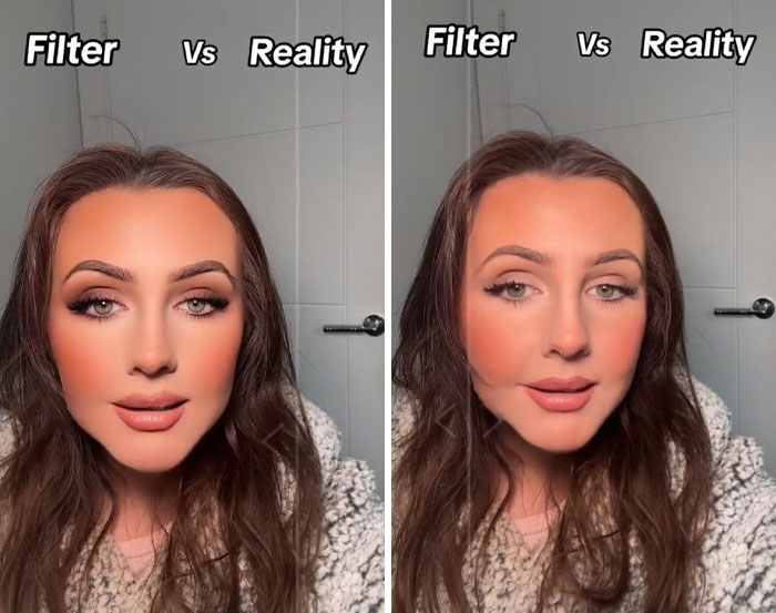 Young woman showing filters vs reality comparison on her face with and without makeup effects applied.