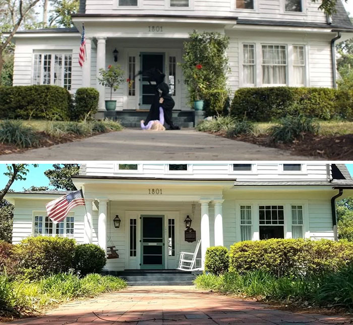 Real-life location from movie and TV classics comparing scene and current look of white house with columns.