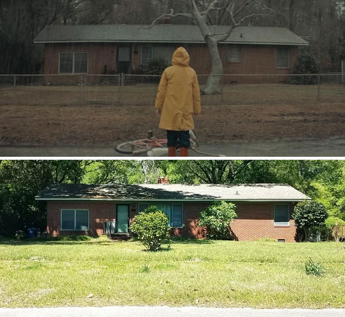 Man visits real-life movie and TV locations, comparing iconic scenes with current views of classic homes.