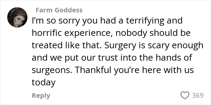 Comment expressing sympathy for a woman&rsquo;s horror experience and assault related to getting a BBL surgery.