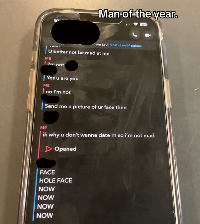 Screenshot of a chaotic text conversation nominating men of the year with urgent, demanding messages on a phone screen.