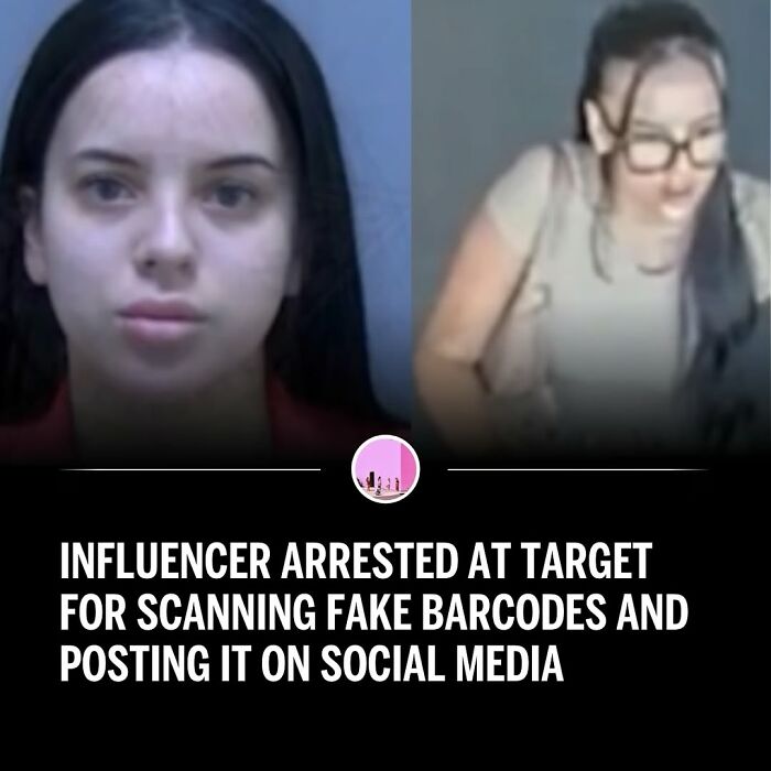 Mugshots of an influencer arrested for scanning fake barcodes at Target to gain views on social media platforms.