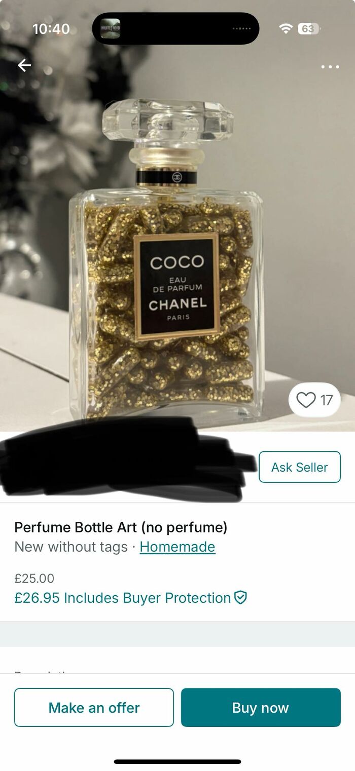 Perfume bottle DIY project filled with golden glitter capsules, an example of craft shaming in homemade art fails.