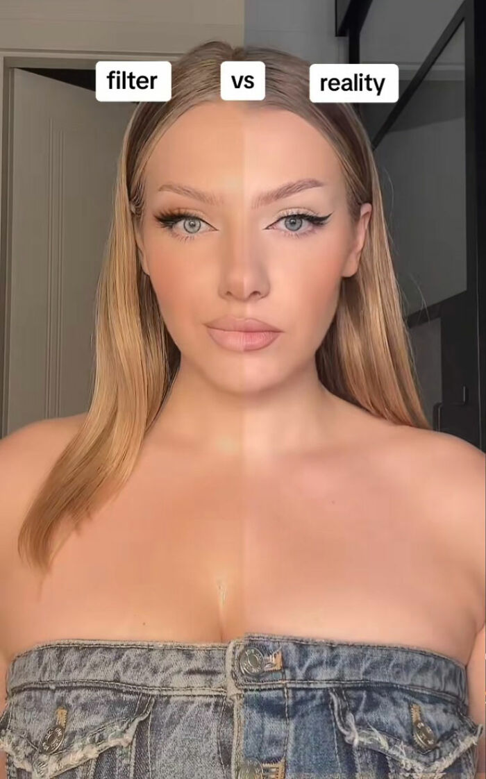 Young woman showing face with filters vs without them, highlighting the difference in appearance and makeup effects.