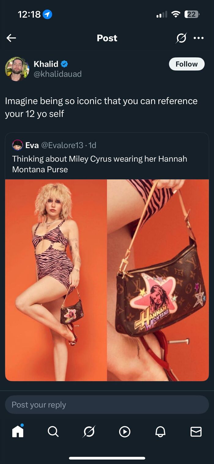 Twitter post about Miley Cyrus wearing a Hannah Montana purse, shared in a group for people not fully relating to Millennials or Gen Z.