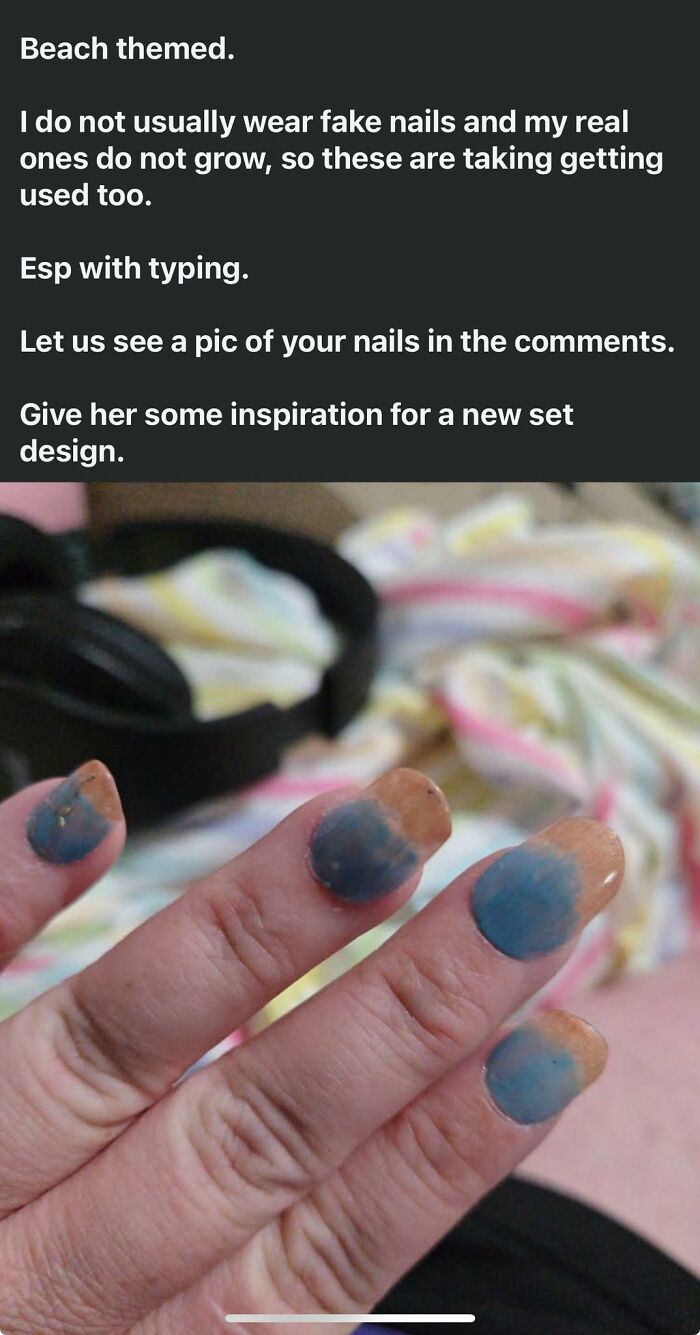 Close-up of badly done beach themed nails, showcasing poorly applied craft paint and uneven nail art details.