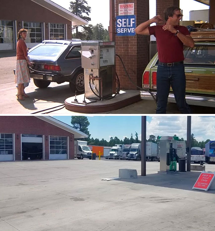 Side-by-side comparison of a movie gas station set and its real-life location visited by a man exploring iconic movie and TV sites.