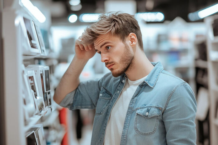Young man in a denim jacket looking confused while shopping, depicting poor people habits despite wealth in a store aisle.