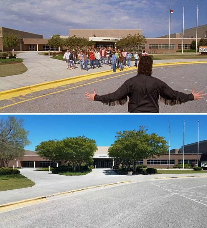 Scene from movie classic with man facing group of students outside school, and current photo of real-life filming location.