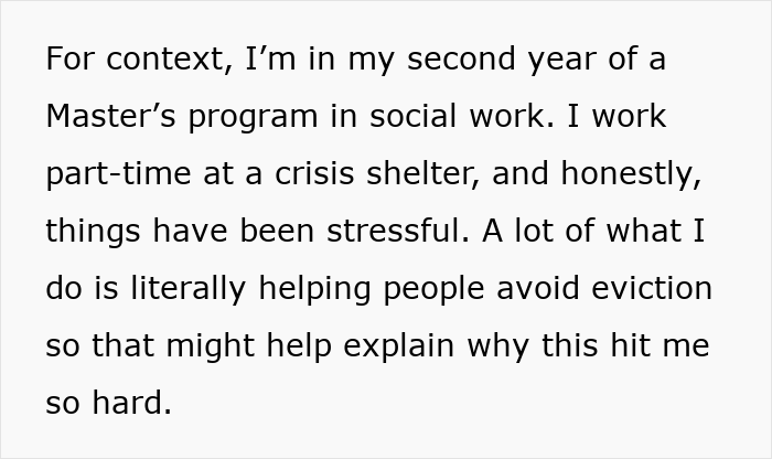 Text excerpt from a social work student's stressful experience working at a crisis shelter helping people avoid eviction.