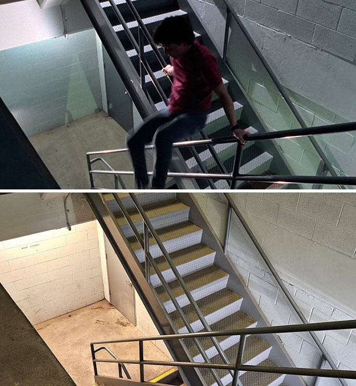 Staircase at a real-life movie and TV classic location shown during a visit to see how it looks now.