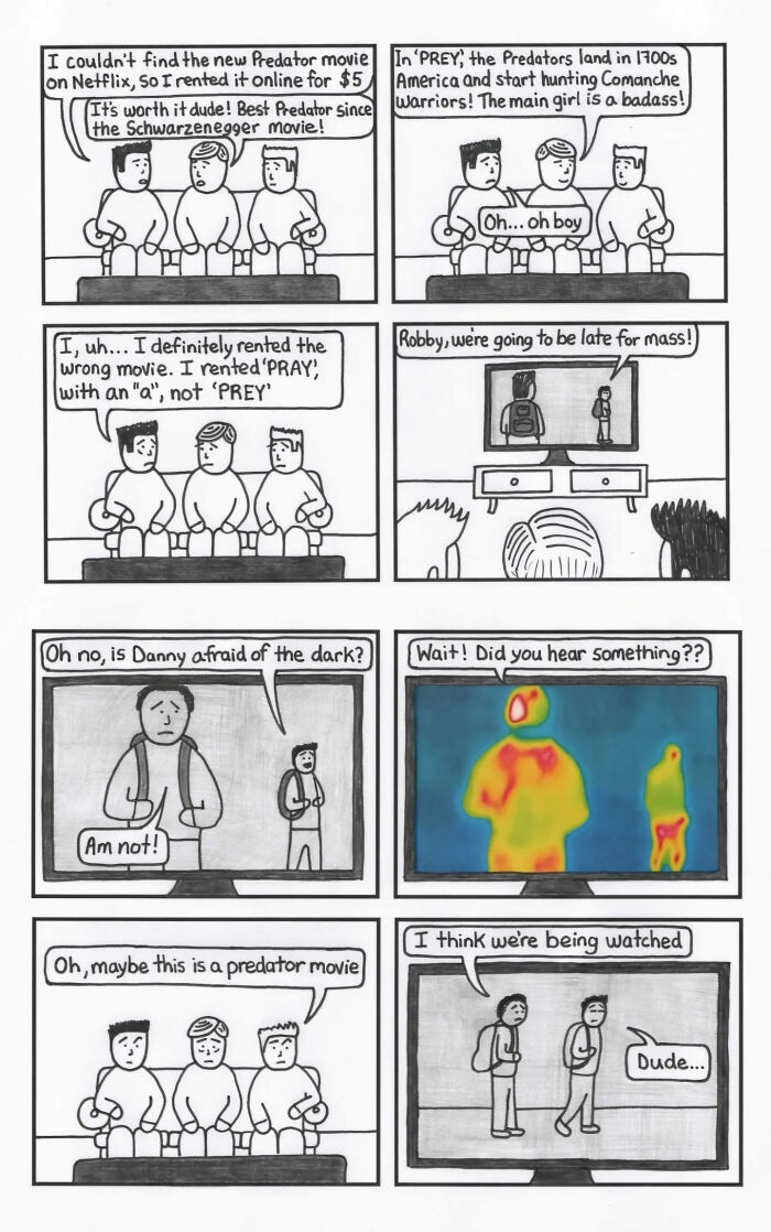 Black and white dark humor comic featuring three friends watching a predator movie with thermal vision scenes.