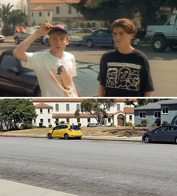 Side-by-side comparison of real-life locations from movie and TV classics showing past and present views.