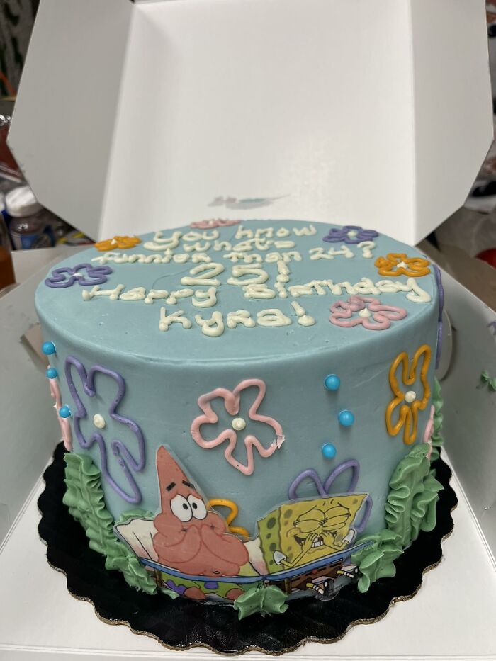 Birthday cake with SpongeBob and Patrick decorations, celebrating connection of people outside Millennial or Gen Z groups.
