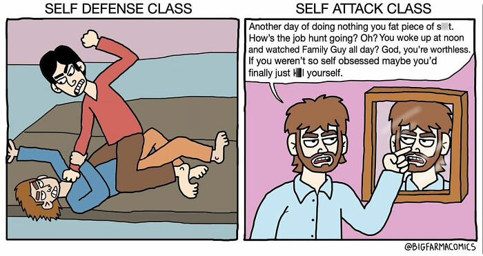 Absurd comic by Big Farma depicting a self defense class and a self attack class with harsh self-criticism in a mirror.