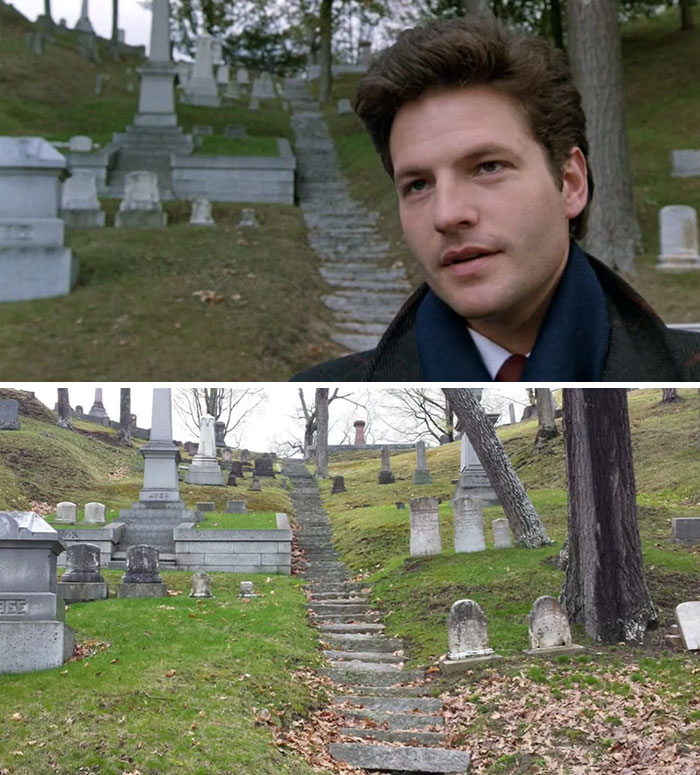 Man visits real-life movie and TV locations, showing a cemetery scene and how it looks now with gravestones and steps.