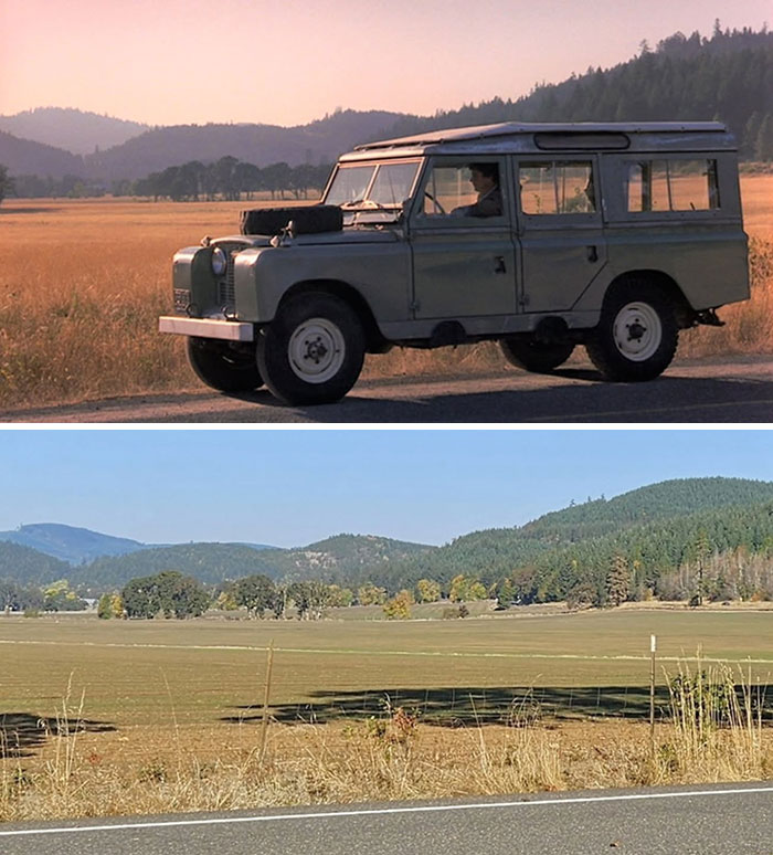Side-by-side comparison of a vintage car scene and the current real-life location from movie and TV classics.