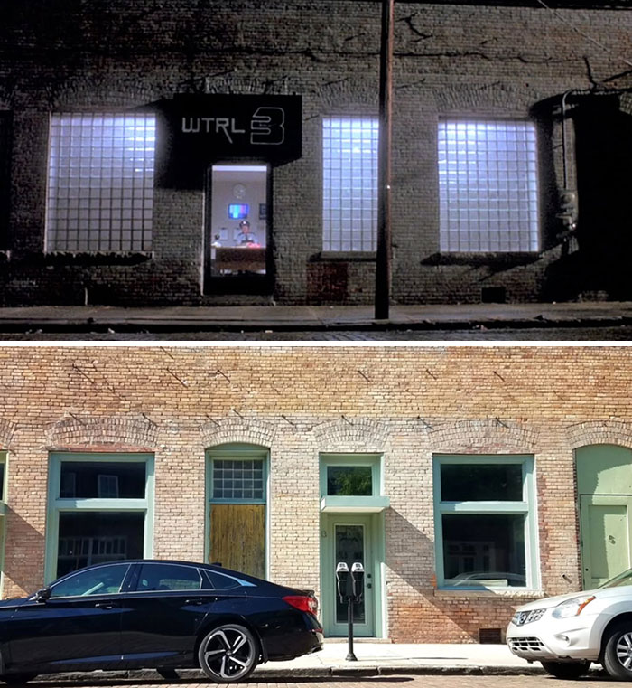 Comparison of real-life locations from movie and TV classics showing how they look now with modern updates and parked cars.