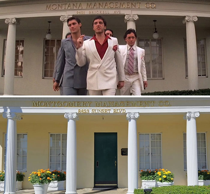 Side-by-side images showing a real-life location from movie and TV classics and how it looks now with columns and signage.
