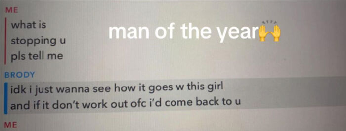 Screenshot of a text conversation humorously nominating a man of the year for his unhinged message.