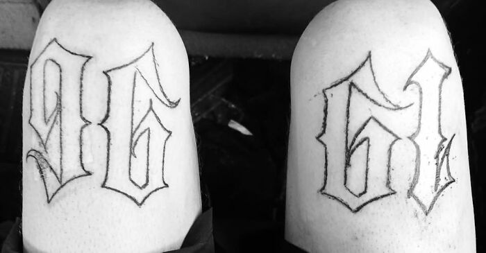Mismatched tattoo with numbers 96 and 61 on skin, showcasing hilariously bad tattoos inkshaming fail.