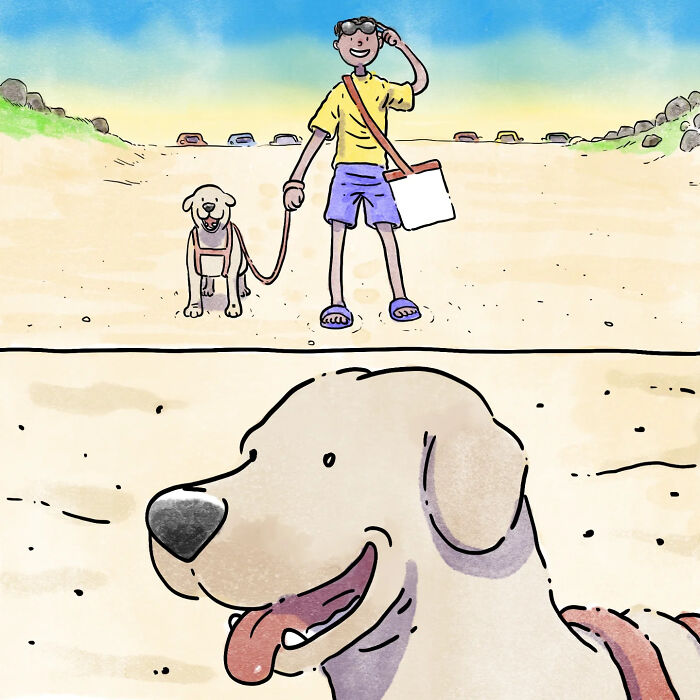 Illustration of a person walking a happy dog on the beach, featured in wordless comics about life with a dog and a cat.