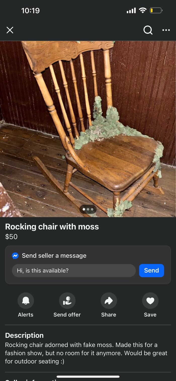 Wooden rocking chair decorated with fake moss, an example of horrendous DIY projects that needed to be shamed.