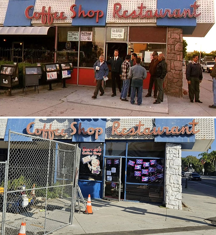 Famous coffee shop restaurant from movie scene compared to its current real-life location with fencing and signs.