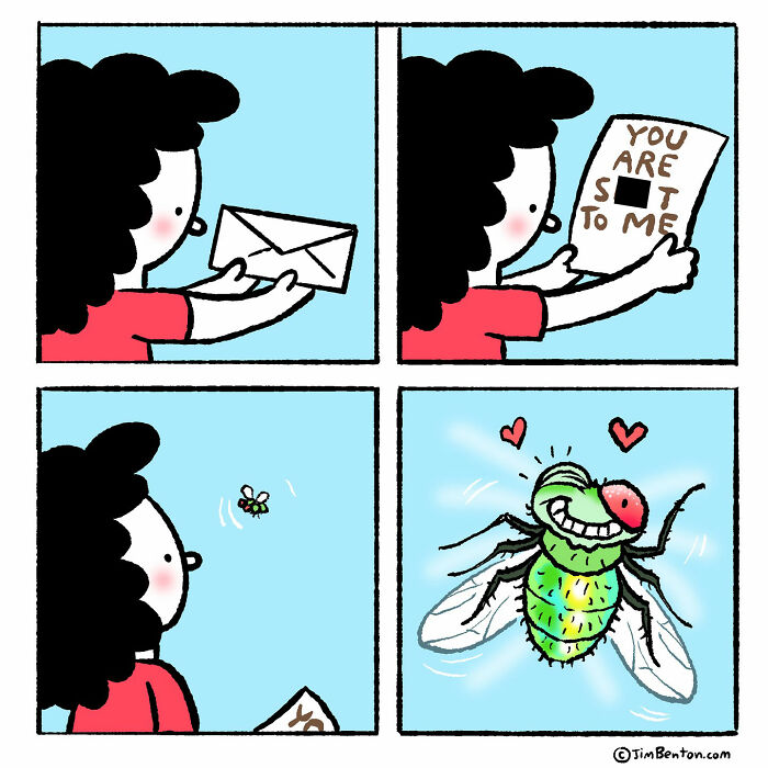 Comic strip by Jim Benton showing a woman reading a love letter and a happy cartoon fly with hearts around it.