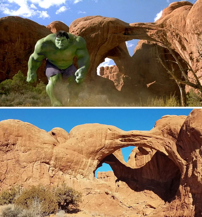 Man visits real-life movie and TV locations showing famous rock formation with the Hulk character and its current appearance.