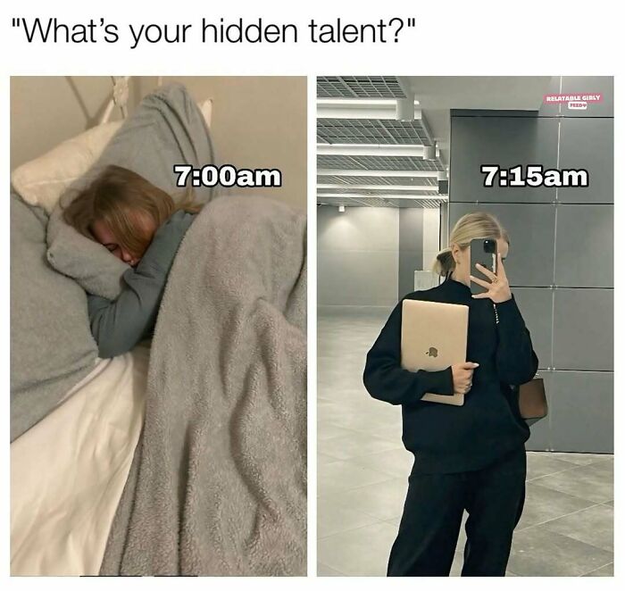 Woman showcasing the chaos of navigating the world, from bed at 7:00 am to ready with laptop at 7:15 am.