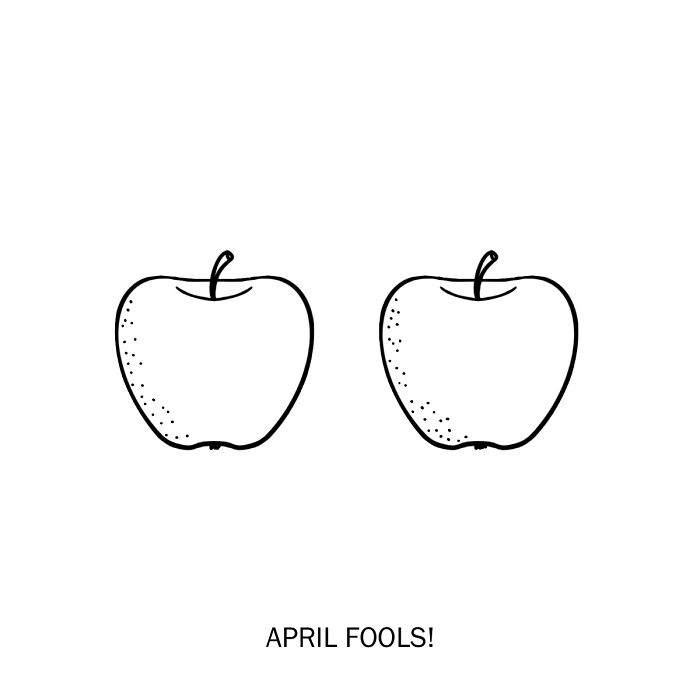 Two simple black line drawings of apples side by side illustrating clever wordplay in drawings.