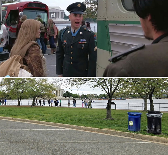 Scene from movie with a soldier in uniform at a bus stop compared to the real-life filming location by a riverfront park.
