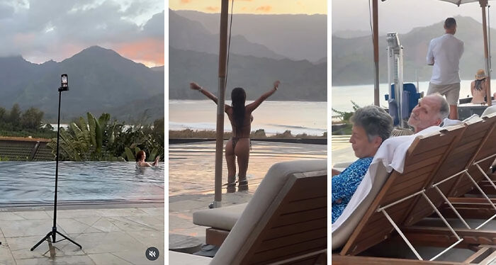 Influencers taking daring photos at a scenic poolside location, showcasing unhinged behavior for more views.