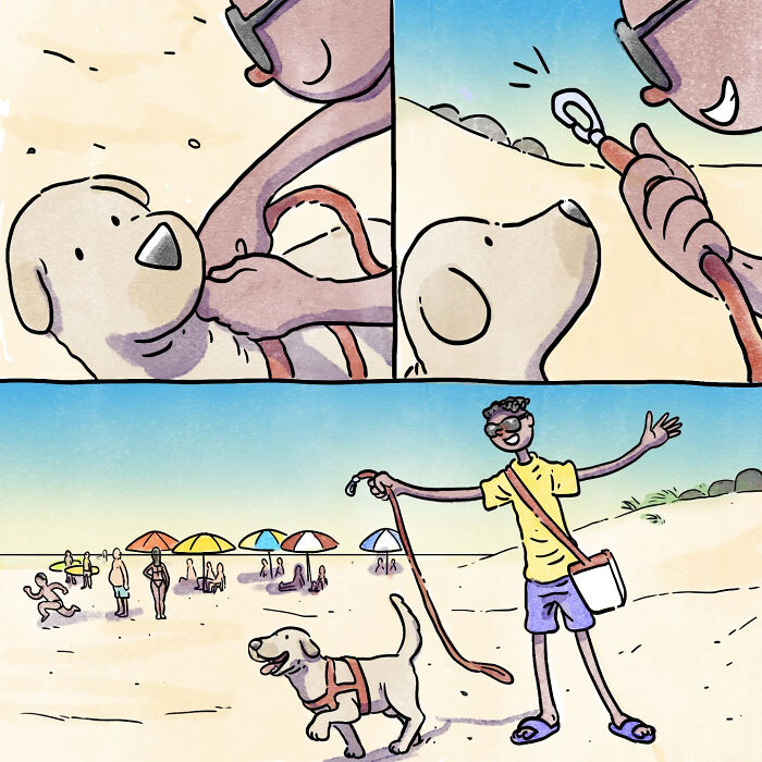 Comic panels showing a person using a leash to take their dog to the beach in a heartfelt wordless comic about life with a dog.