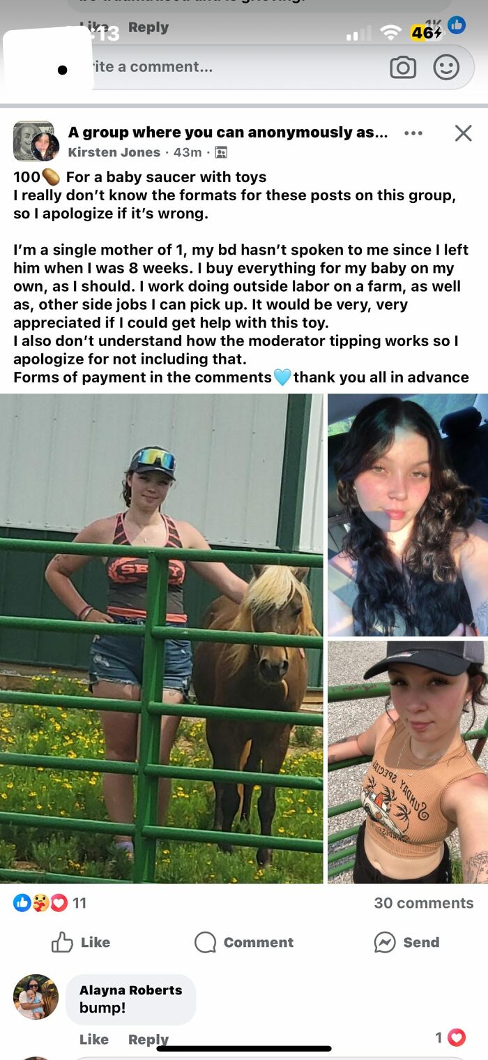 Single mom asking for help with baby toys, sharing photos of herself outdoors with a pony and in casual outfits.