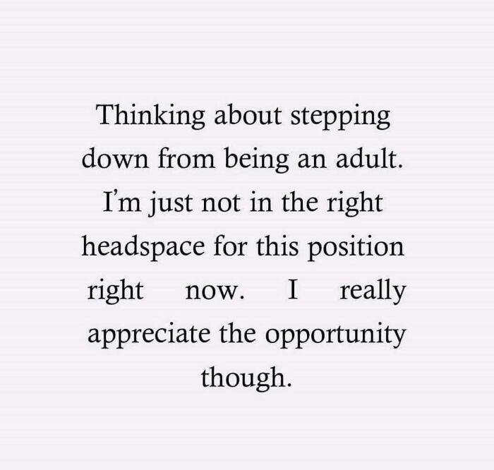 Relatable meme about feeling overwhelmed by adulthood and not being in the right headspace for this position.