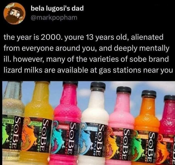 Screenshot of a social media post referencing 2000 and SoBe brand lizard milks at gas stations with nostalgic humor.